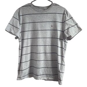 TOMMY HILFIGER Men’s Grey Black Striped Logo Crew Neck T-Shirt Size M